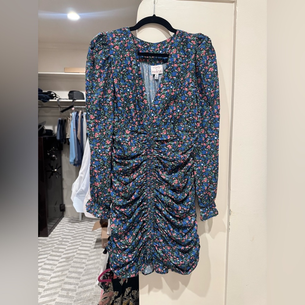 Misa Los Angeles Blue Floral Long Sleeve Ruched Mini Dress